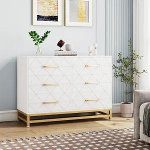 6-Drawer Dresser TV Stand Wood Chest with Metal Handles, White Finish, for Bedroom, Living Room, Hallway, Office, White