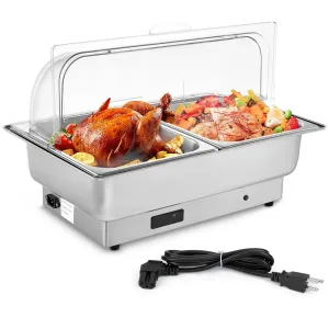 9 QT Commercial Electric Chafing Dish Buffet Warmer – 2 Half-Size Trays, Adjustable Temp & Rotary Knob, Clear Lid for Weddings/Parties