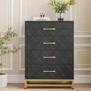 Dresser for Bedroom with 4 Drawer, Wood Modern Dressers Chest of Drawers with Wide Drawers and Metal Handles, Black