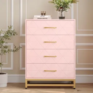 Dresser for Bedroom with 4 Drawer, Wood Modern Dressers Chest of Drawers with Wide Drawers and Metal Handles, Pink