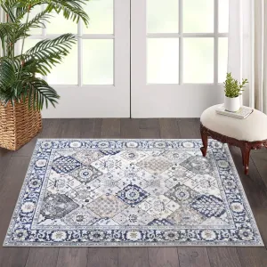 Trellis Area Rug 2x3 Washable Vintage Floral Print Rugs, Boho Non Slip Indoor Carpet for Entryway Living Room Kitchen Bedroom Laundry Room, Beige Blue