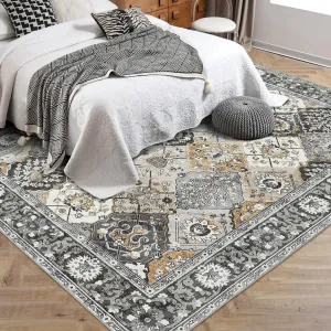 Moroccan Trellis Area Rug 4x6 Washable Vintage Floral Print Rugs, Boho Non Slip Indoor Carpet for Entryway Living Room Kitchen Bedroom Laundry Room, Grey Brown