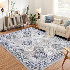 Trellis Area Rug 5x7 Washable Vintage Floral Print Rugs, Boho Non Slip Indoor Carpet for Entryway Living Room Kitchen Bedroom Laundry Room, Beige Blue