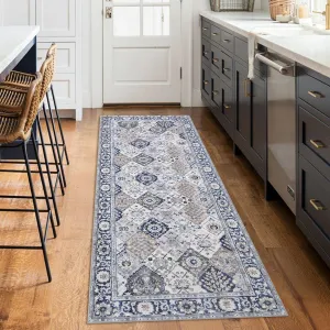 Trellis Area Rug 2x6 Washable Vintage Floral Print Rugs, Boho Non Slip Indoor Carpet for Entryway Living Room Kitchen Bedroom Laundry Room, Beige Blue