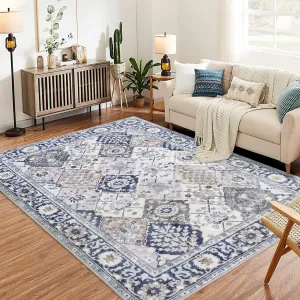 Trellis Area Rug 3x5 Washable Vintage Floral Print Rugs, Boho Non Slip Indoor Carpet for Entryway Living Room Kitchen Bedroom Laundry Room, Beige Blue
