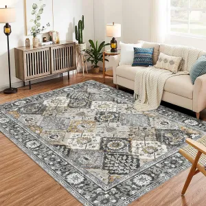 Moroccan Trellis Area Rug 9x12 Washable Vintage Floral Print Rugs, Boho Non Slip Indoor Carpet for Entryway Living Room Kitchen Bedroom Laundry Room, Grey Brown