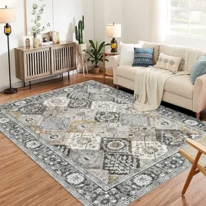 Moroccan Trellis Area Rug 8x10 Washable Vintage Floral Print Rugs, Boho Non Slip Indoor Carpet for Entryway Living Room Kitchen Bedroom Laundry Room, Grey Brown