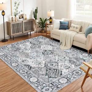 Moroccan Trellis Area Rug 9x12 Washable Vintage Floral Print Rugs, Boho Non Slip Indoor Carpet for Entryway Living Room Kitchen Bedroom Laundry Room, Grey Green