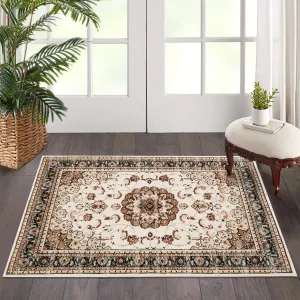 Washable Vintage Area Rug - 2x3 Traditional Oriental Medallion Floral Design, Stain Resistant Indoor Print Carpet for Entryway Bedroom Living Room Office Kitchen, Kid & Pet Friendly, Beige