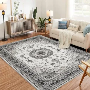 Washable Vintage Area Rug - 4x6 Traditional Oriental Medallion Floral Design, Stain Resistant Indoor Print Carpet for Entryway Bedroom Living Room Office Kitchen, Kid & Pet Friendly, Grey