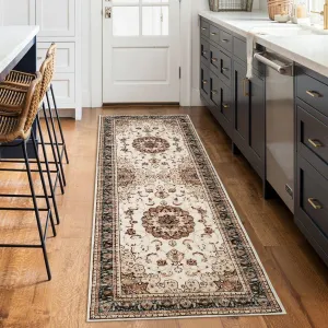 Washable Vintage Runner Rug - 2x6 Traditional Oriental Medallion Floral Design Area Rug, Stain Resistant Indoor Print Carpet for Entryway Bedroom Living Room Office Kitchen, Kid & Pet Friendly, Beige