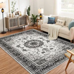 Washable Vintage Area Rug - 5x7 Traditional Oriental Medallion Floral Design, Stain Resistant Indoor Print Carpet for Entryway Bedroom Living Room Office Kitchen, Kid & Pet Friendly, Grey