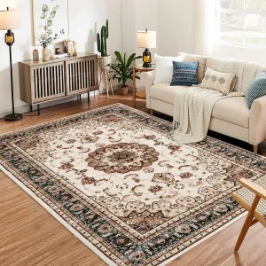 Washable Vintage Area Rug - 5x7 Traditional Oriental Medallion Floral Design, Stain Resistant Indoor Print Carpet for Entryway Bedroom Living Room Office Kitchen, Kid & Pet Friendly, Beige