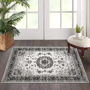 Washable Vintage Area Rug - 2x3 Traditional Oriental Medallion Floral Design, Stain Resistant Indoor Print Carpet for Entryway Bedroom Living Room Office Kitchen, Kid & Pet Friendly, Grey