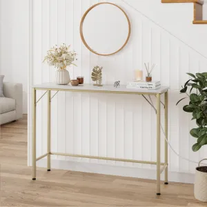 Narrow Console Table, Golden White Sofa Table with Outlets, Behind Couch Table for Living Room, Hallway Table for Entryway, Gold & White