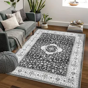 Area Rug 8x10 Living Room Bedroom Area Rug Vintage Distressed Area Rug Traditional Accent Rug Boho Rug Washable Non-Slip Area Rug for Nursery Home Office, Black