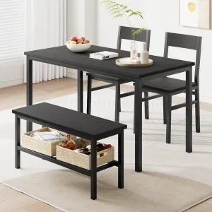 Dining Table Set for 4, Kitchen Table with 2 Chairs, Bench with Storage Rack, 4 Pieces Dining Room Table Set for Small Place, Apartment, Kitchen, Black