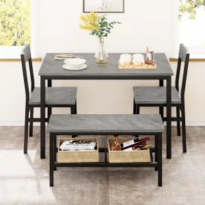 Dining Table Set for 4, Kitchen Table with 2 Chairs, Bench with Storage Rack, 4 Pieces Dining Room Table Set for Small Place, Apartment, Kitchen, Brown