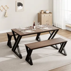 Kitchen Table Set for 4 with Benches + X-Shaped Metal Frame + Space-Saving Design + MDF Tabletop + Versatile Use + Ideal for Small Spaces