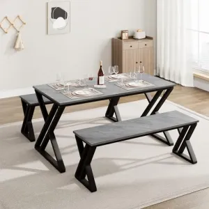 Kitchen Table Set for 4 with Benches + X-Shaped Metal Frame + Space-Saving Design + MDF Tabletop + Rust-Resistant + Gray, 44.8" + Ideal for Small Spaces