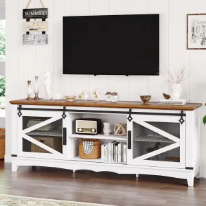 Farmhouse TV Stand 75 Inch Entertainment Center White TV Console Modern Media Furniture Wood TV Console Cabinet with Sliding Barn Door and Adjustable Shelf for Living Room Bedroom