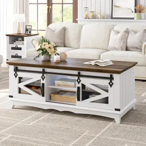 Farmhouse Coffee Table with Storage 48'' Center Table Industrial Cocktail Table with Sliding Barn Doors Modern Rectangular Living Room Table Rustic Coffee Table with Adjustable Shelves