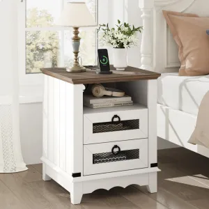 Nightstand Farmhouse Side Table 24" inch End Table Industrial Bed Side Table with Charging Station Night Stand 2 Drawers Open Cubby Wood Sofa Side Table Living Room Bedroom