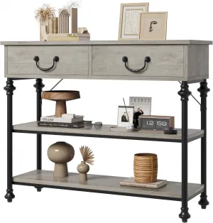 Console Table with Drawers, Narrow Entryway Table, MDF Wood & Metal, 3-Tier Storage, Adjustable Footpads, Rustic Gray, Living Room, Foyer