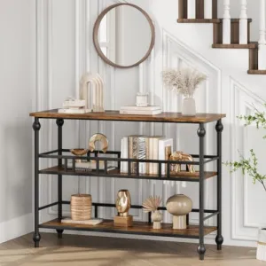 Console Table, 3-Tier Sofa Tables Narrow Entryway Table with Storage, 43" Behind Couch Table Industrial Hallway Table Home Furniture for Living Room, Foyer, Bedroom, Rustic Brown