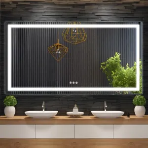 LED Bathroom Mirror 60x36 inch, Stepless Dimmable, Anti-Fog, Shatter-Proof, Memory, 3 Colors, Double LED, Wall Mounted, Suitable for Makeup and Shaving
