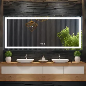 LED Bathroom Mirror 84x32 inch + Stepless Dimmable + Anti-Fog + Shatter-Proof + Memory + 3 Colors + Double LED + Vanity Mirror