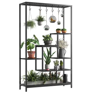 Indoor Plant Stand 5-Tier Tall 70.9", Large Metal Plant Shelf with Hanging Hooks, Multi-Purpose Display Rack, Flower Bonsai Pots Organizer for Garden, Balcony, Living Room, Black