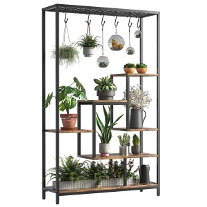 Indoor Plant Stand 5-Tier Tall 70.9", Large Metal Plant Shelf with Hanging Hooks, Multi-Purpose Display Rack, Flower Bonsai Pots Organizer for Garden, Balcony, Living Room, Brown