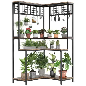 Indoor Corner Plant Stand Tall 67", Large Metal Plant Shelf with Hanging Hooks, Multi-Purpose Display Rack, Flower Bonsai Pots Organizer for Garden, Balcony, Living Room, Brown