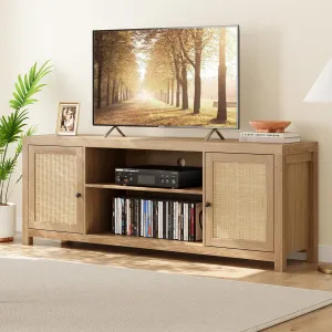 Rattan TV Stand for 65 Inch, Boho Entertainment Center with Storage and Doors, Wood TV & Media Console Under TV Cabinet Furniture for Living Room, Natural Oak (58 Inch)