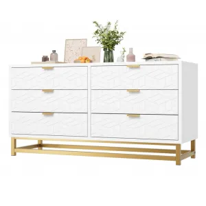 White 6 Drawer Dresser for Bedroom, Chest of Drawers with Metal Base, Modern Dresser Chest Cabinet Organizer, Large Dresser for Living Room, Hallway, Closet