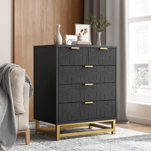 Black 5 Drawer Dresser for Bedroom, Chest of Drawers with Metal Base, Modern Dresser Chest Cabinet Organizer, Large Dresser for Living Room, Hallway, Closet