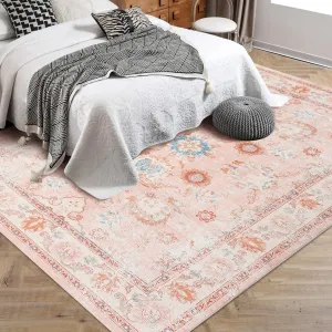 Boho Floral Medallion Area Rug, Washable Indoor Accent Carpet with Low-Pile, Non-Slip Soft Rug for Home Decoration in Entryway, Bedroom, Living Room, Office, Kitchen, Pink, 9 x 12