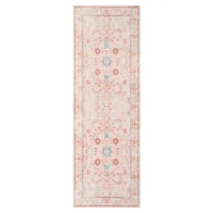 Boho Floral Medallion 2x6 Runner Rug, Washable Indoor Accent Carpet with Low-Pile, Non-Slip Soft Rug for Entryway Bedroom Kitchen, Pink