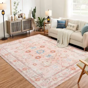 Floral Medallion Area Rug - 5x7 Washable Boho Print Indoor Accent Carpet, Low-Pile, Non-Slip Soft Rug for Home Decoration in Entryway, Bedroom, Living Room, Office, Kitchen