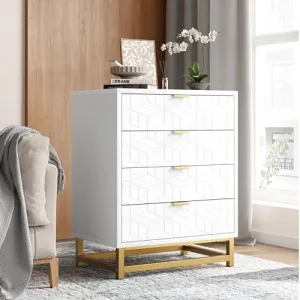 White Dresser, 4 Drawer Dresser for Bedroom, Wood Dresser＆Chest of Drawers, Modern Dressers with Gold Metal Handles for Living Room, Hallway, Entryway