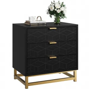 Black 3 Drawer Dresser, Large Dresser for Bedroom, Wood Dresser with 3 Large Drawers, Modern Dressers with Gold Metal Handles for Living Room, Hallway, Entryway