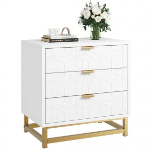 White 3 Drawer Dresser, Large Dresser for Bedroom, Wood Dresser with 3 Large Drawers, Modern Dressers with Gold Metal Handles for Living Room, Hallway, Entryway