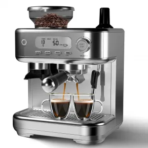 15-Bar All-in-One Espresso Machine with Built-In Grinder - Professional Coffee and Espresso Maker for Cappuccino and Latte, Semi-Automatic with 77 Oz Removable Water Tank, Silver