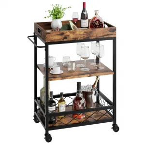 3-Tier Bar Cart with Wine Rack & Locking Wheels, Rustic Serving Cart with Removable Top Tray, Rolling Beverage Cart for Kitchen, Dining, or Living Room