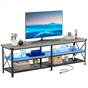 LED TV Stand with Shelves & Outlets, Industrial MDF & Metal, 80" TV Console, Remote-Controlled RGB, Living Room/Gaming