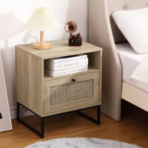 Rattan Nightstand, Side Table with Storage, Modern Boho End Table, AccentTable for Bedroom, Living Room, Oak/Black