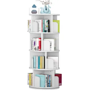 Rotating Bookshelf, 51.2" White Wood Bookcase for Kids and Adults, 360 Display 4 Tier Small Corner Book Shelf Organizer, Floor Standing Storage Rack for Bedroom, Living Room, White