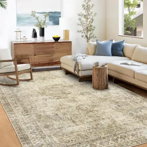 Persian Brown & Khaki 3x5 Vintage Boho Distressed Washable Rug, Non Slip Low Pile Area Carpet for Living Room Bedroom Dining Nursery