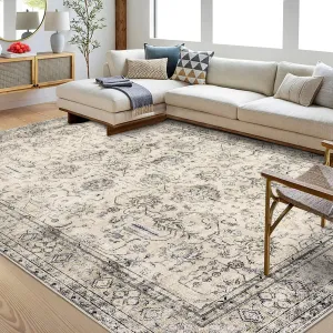 Persian Antique Beige 8x10 Vintage Washable Rug Tribal Floral Printed Rug Indoor Non-Slip Floor Cover Foldable Accent Rug Low Pile Non-Shedding Throw Carpet for Living Room Bedroom Nursery Office